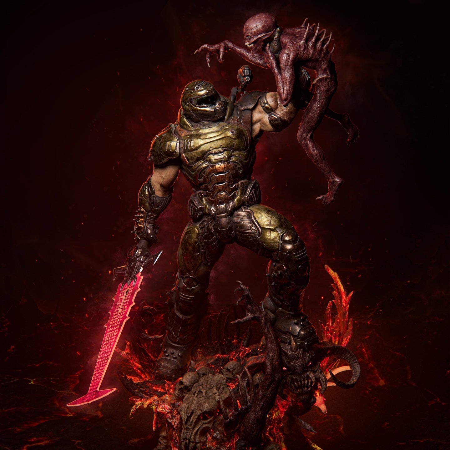 Action figure with armor and glowing red sword against a dark background