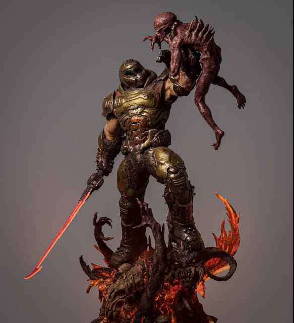 Statue of a warrior with armor and a red sword, facing an alien creature on a gray background
