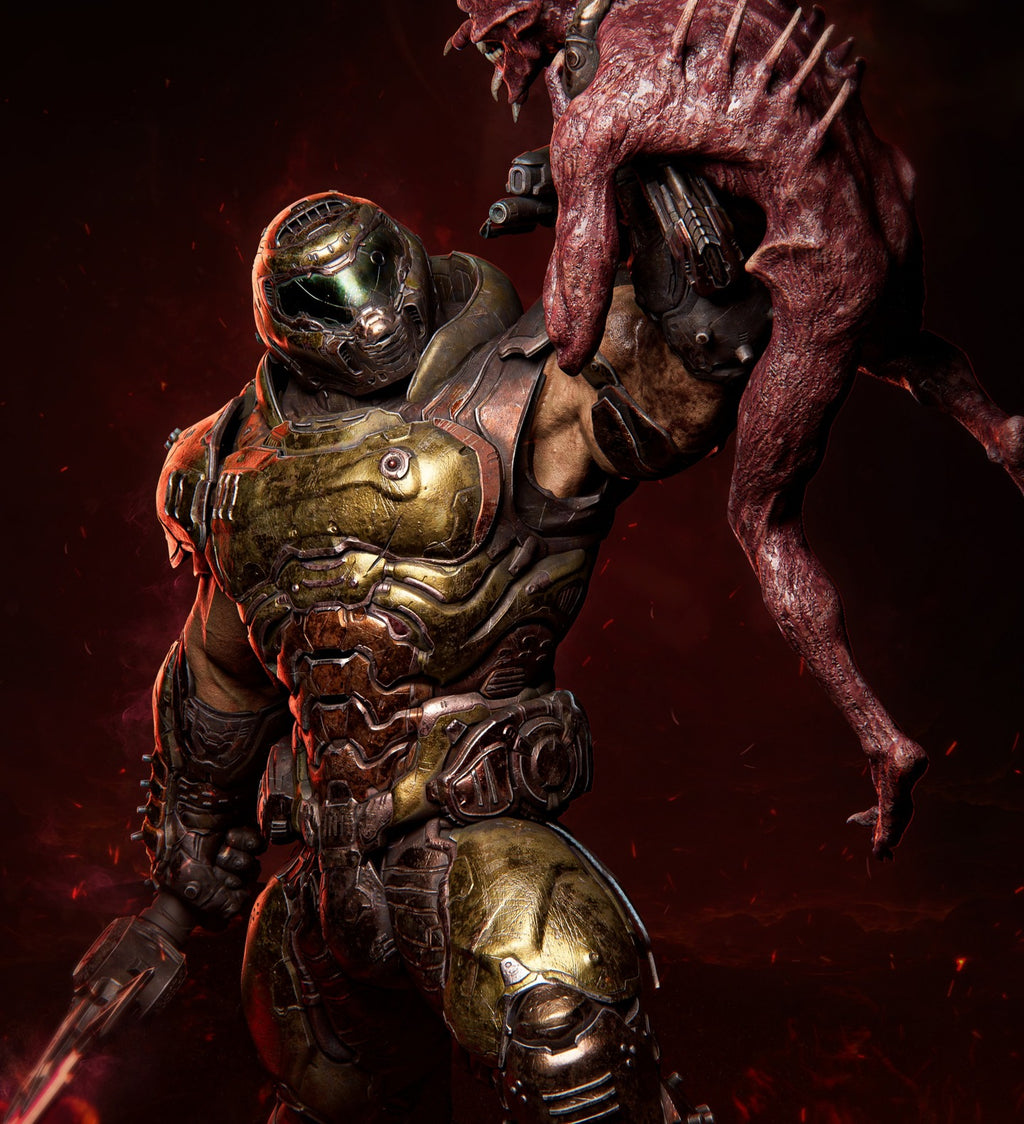 Character in futuristic armor holding a creature against a dark background