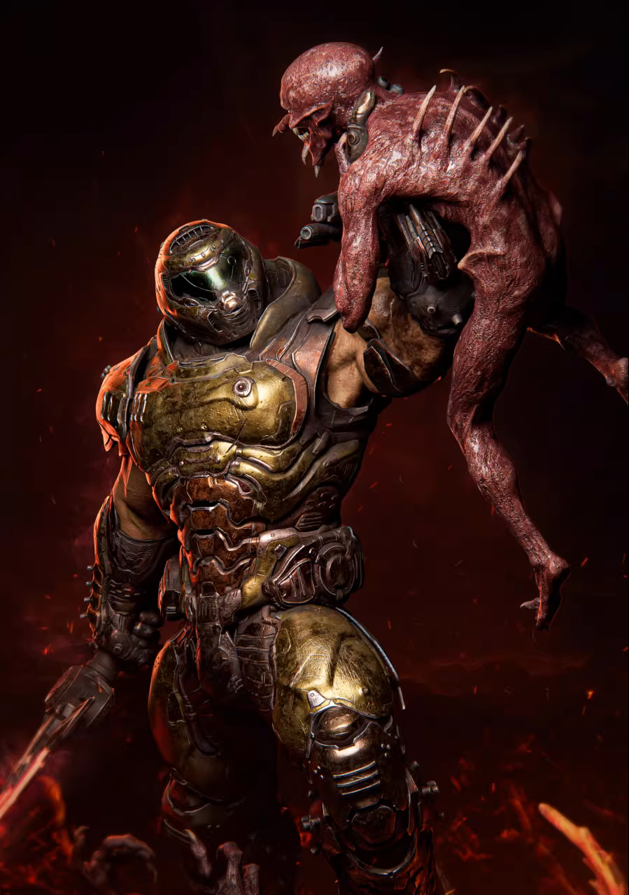 Character in futuristic armor with a creature on a dark background