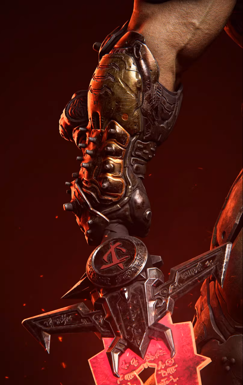 Close-up of a detailed weapon held by a person with a dark background