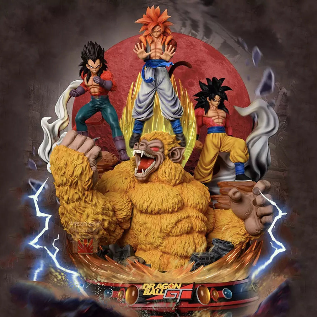 Dragon Ball Z figurine with characters on a lion-like creature against a dark background