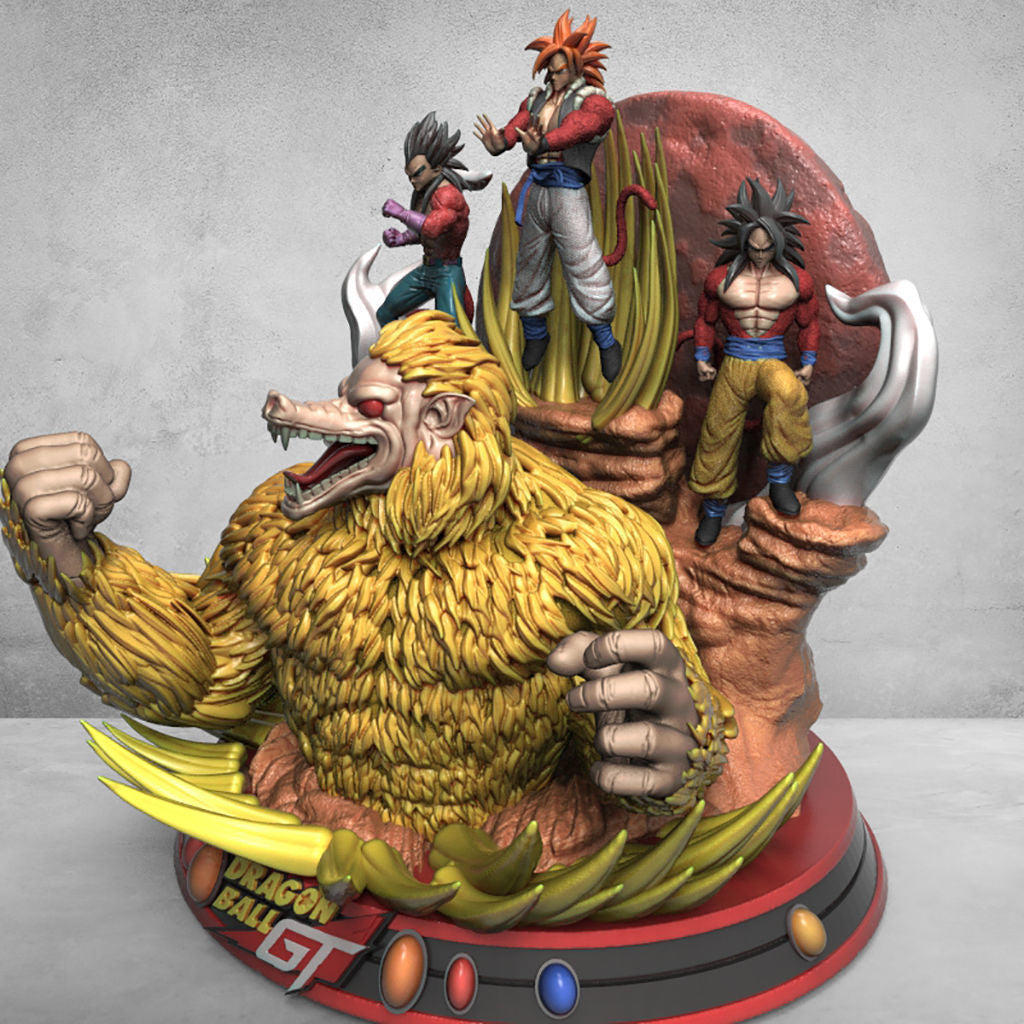 Statue of a large creature with three characters on its back against a gray background