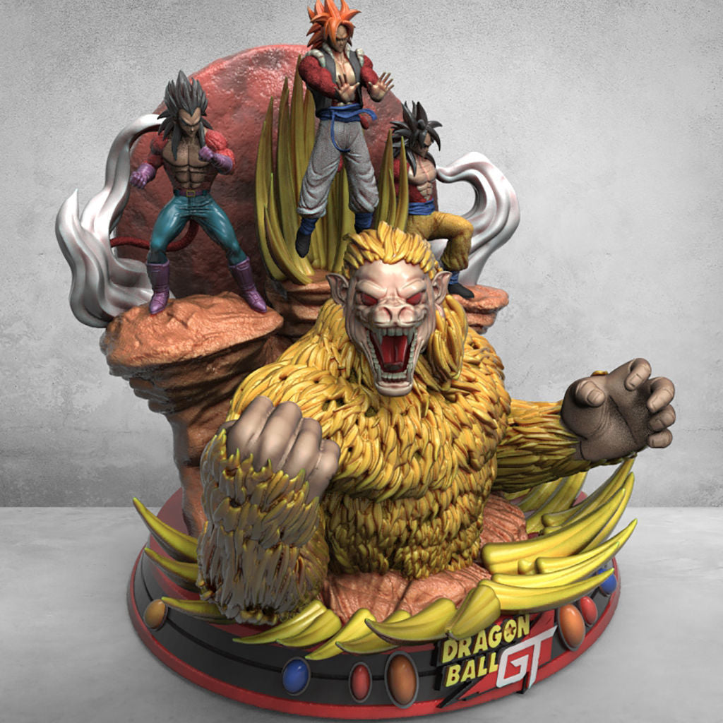 Dragon Ball Z figurine with a large monkey-like creature at the center, surrounded by smaller characters on a gray background.