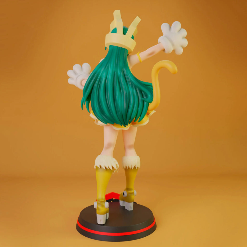 Animated character figurine with green hair and yellow outfit on an orange background