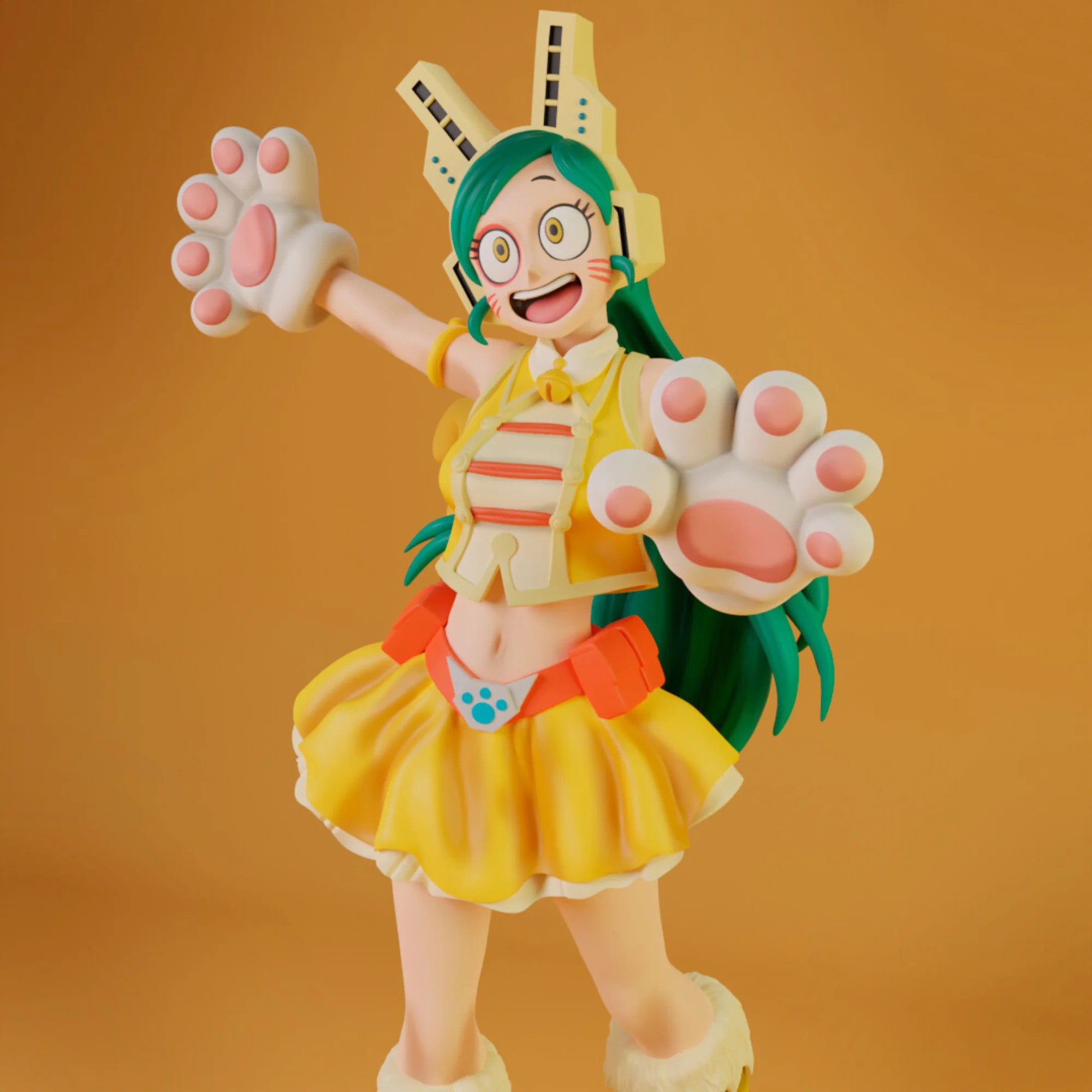 Colorful anime-style figurine with oversized paws on an orange background