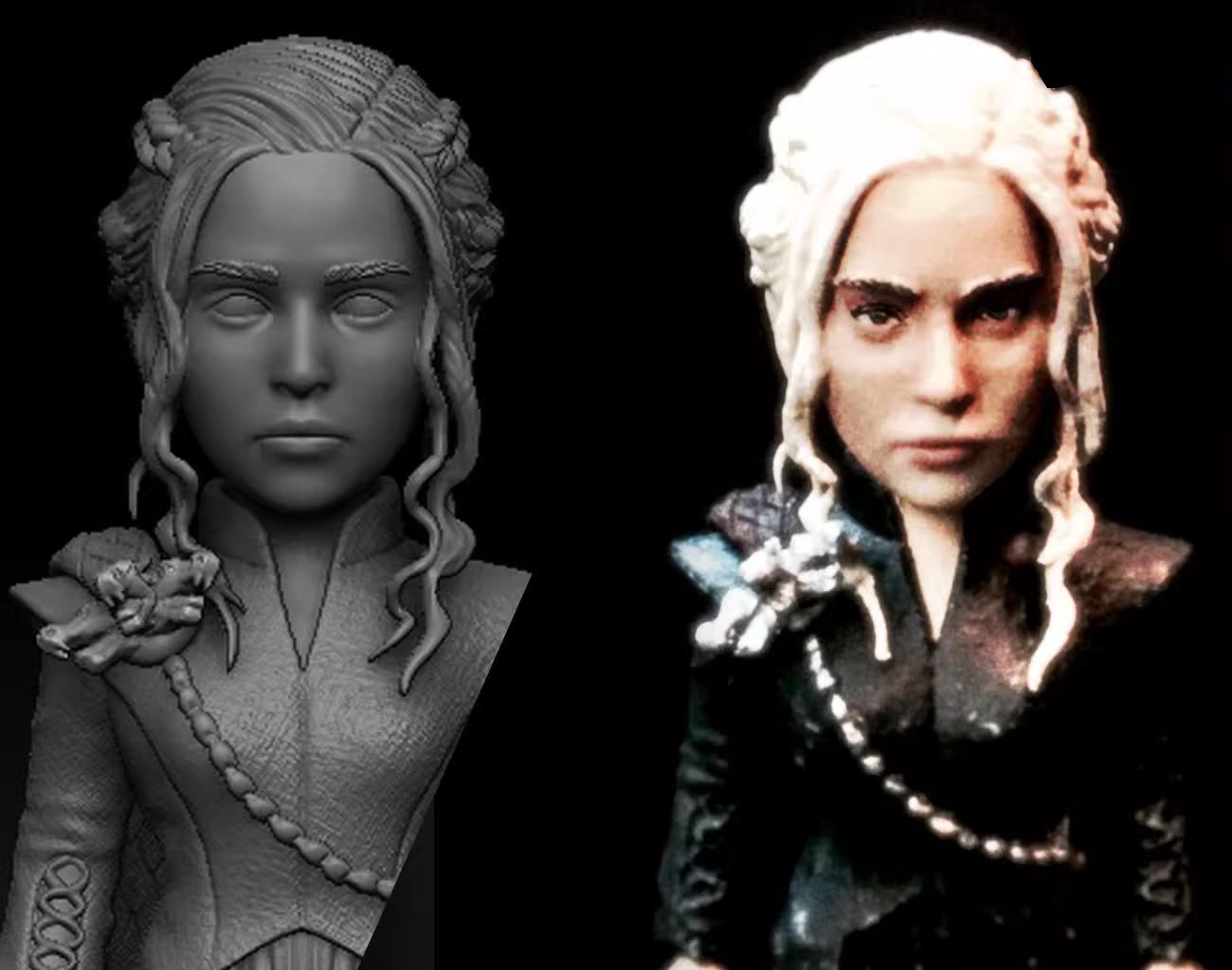 Side-by-side comparison of a sculpted figure and its finished painted version.