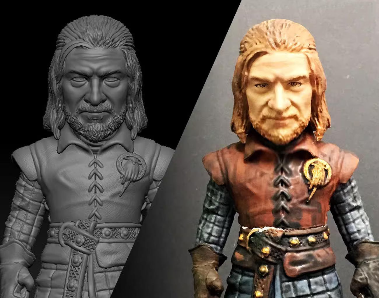 Two action figures side by side, one in gray and the other in color, on a black and gray background.
