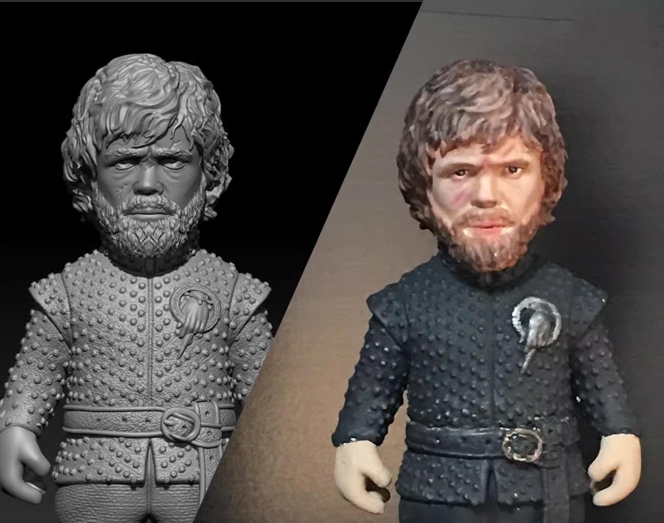 Comparison of a figurine in gray scale and a color version on a black background