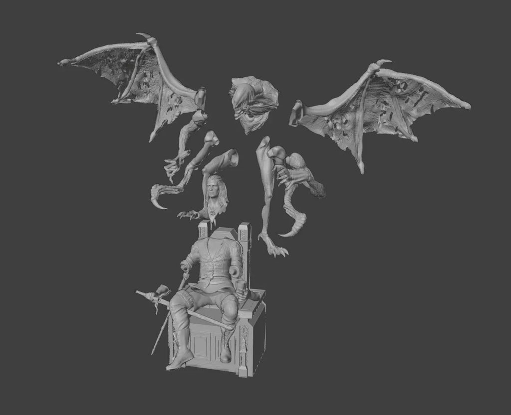 A grayscale 3D model or render of a fantasy knight seated on a throne, with several detached winged and creature-like body parts floating above against a dark gray background.