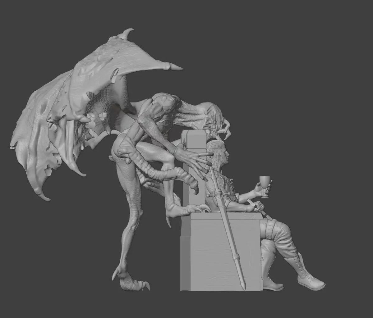 A grayscale 3D-rendered fantasy sculpture showing a winged creature climbing over a seated armored figure holding a sword and cup, set against a dark gray background.