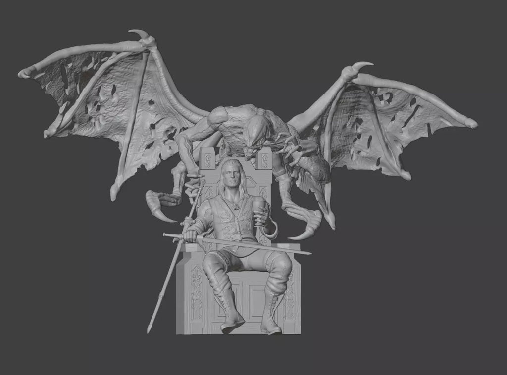 A monochrome 3D-rendered fantasy sculpture showing a seated warrior holding a sword, with a large winged creature or dragon-like figure looming behind him on a dark gray background.