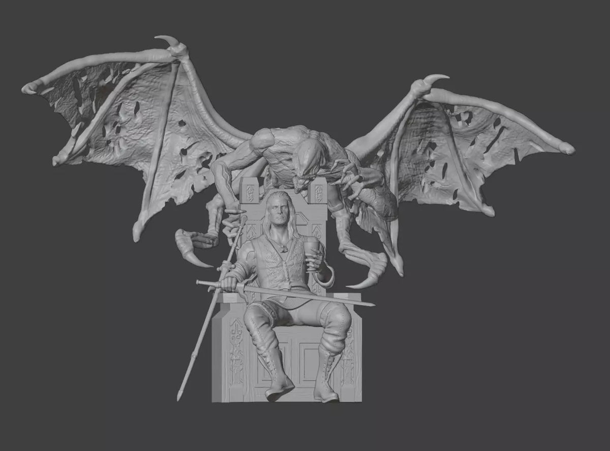 A monochrome 3D-rendered fantasy sculpture showing a seated warrior holding a sword, with a large winged creature or dragon-like figure looming behind him on a dark gray background.