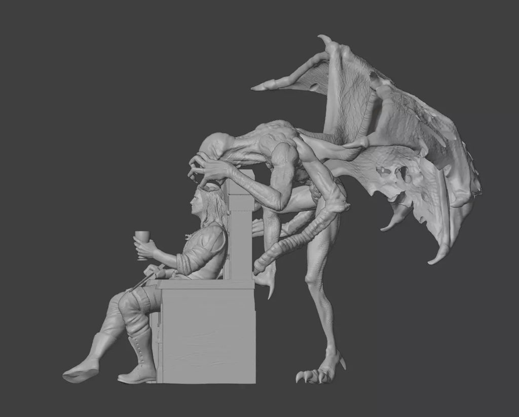 A grayscale 3D-rendered fantasy sculpture showing a seated human figure beside a large winged reptile-like creature, on a dark gray background.