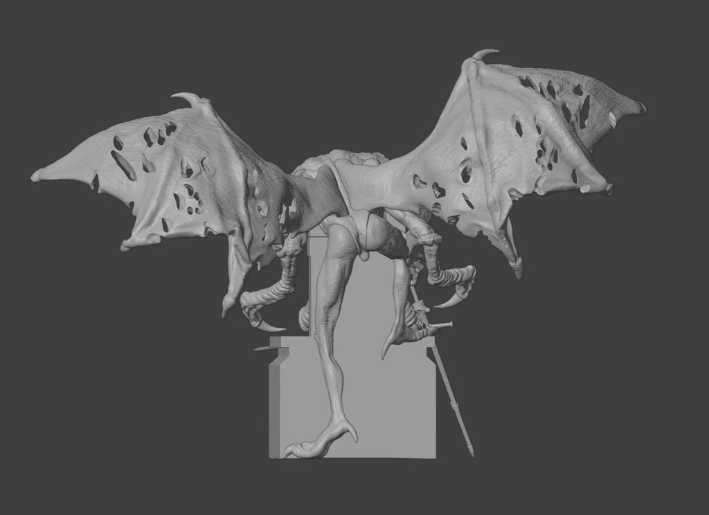 A grayscale 3D model or render of a fantasy creature resembling a winged demon or bat-like figure with large spread wings and skeletal details, shown against a dark gray background.