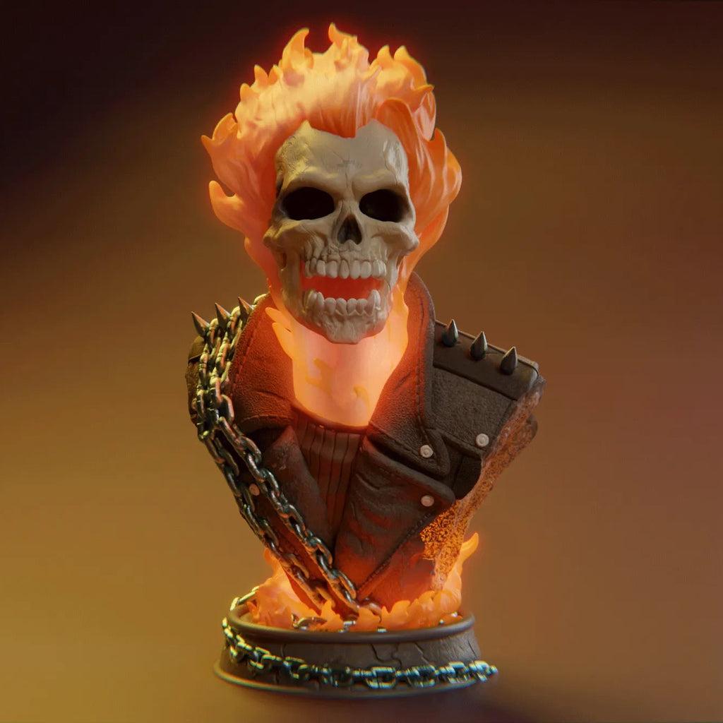 Skull-like figure with flames and armor on a gradient background