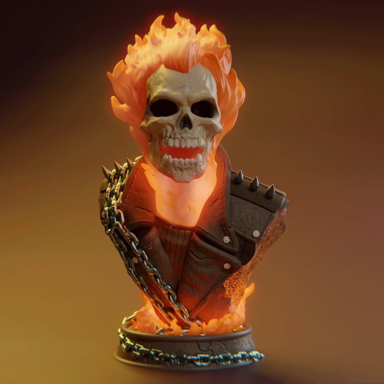 Skull-like figure with flames and armor on a gradient background