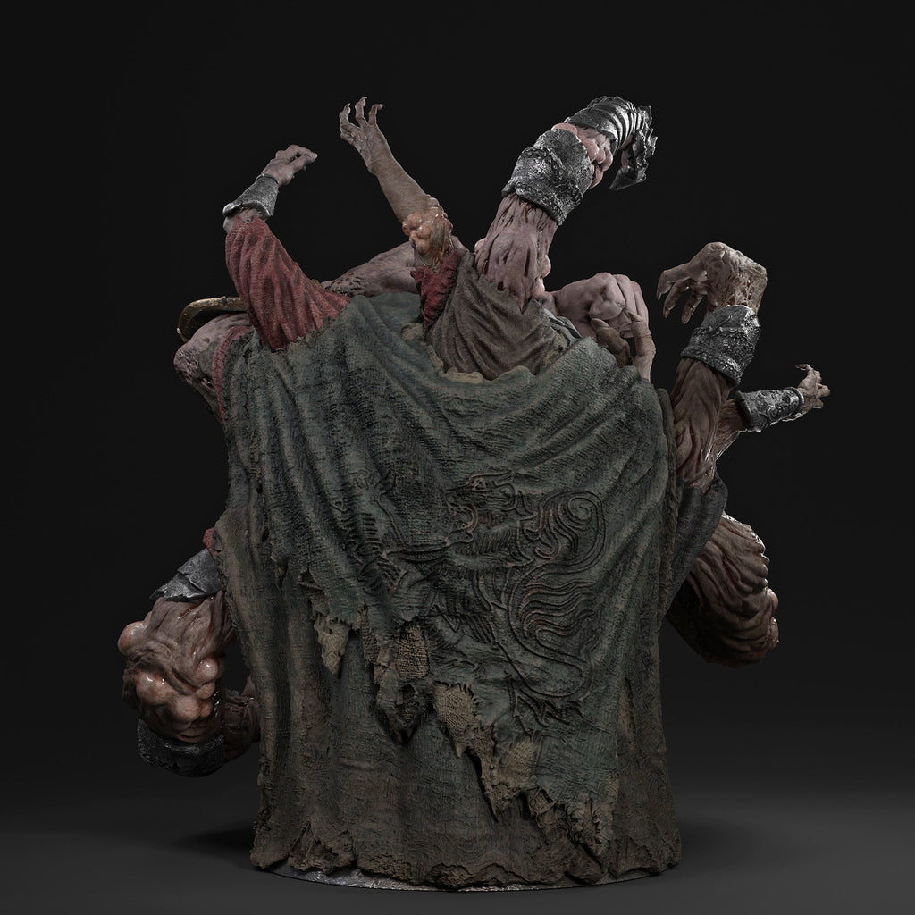 A dark, horror-themed sculpture or collectible figure showing multiple grotesque, decaying limbs and faces emerging from a tattered gray-green drapery fabric, photographed against a solid black studio background.