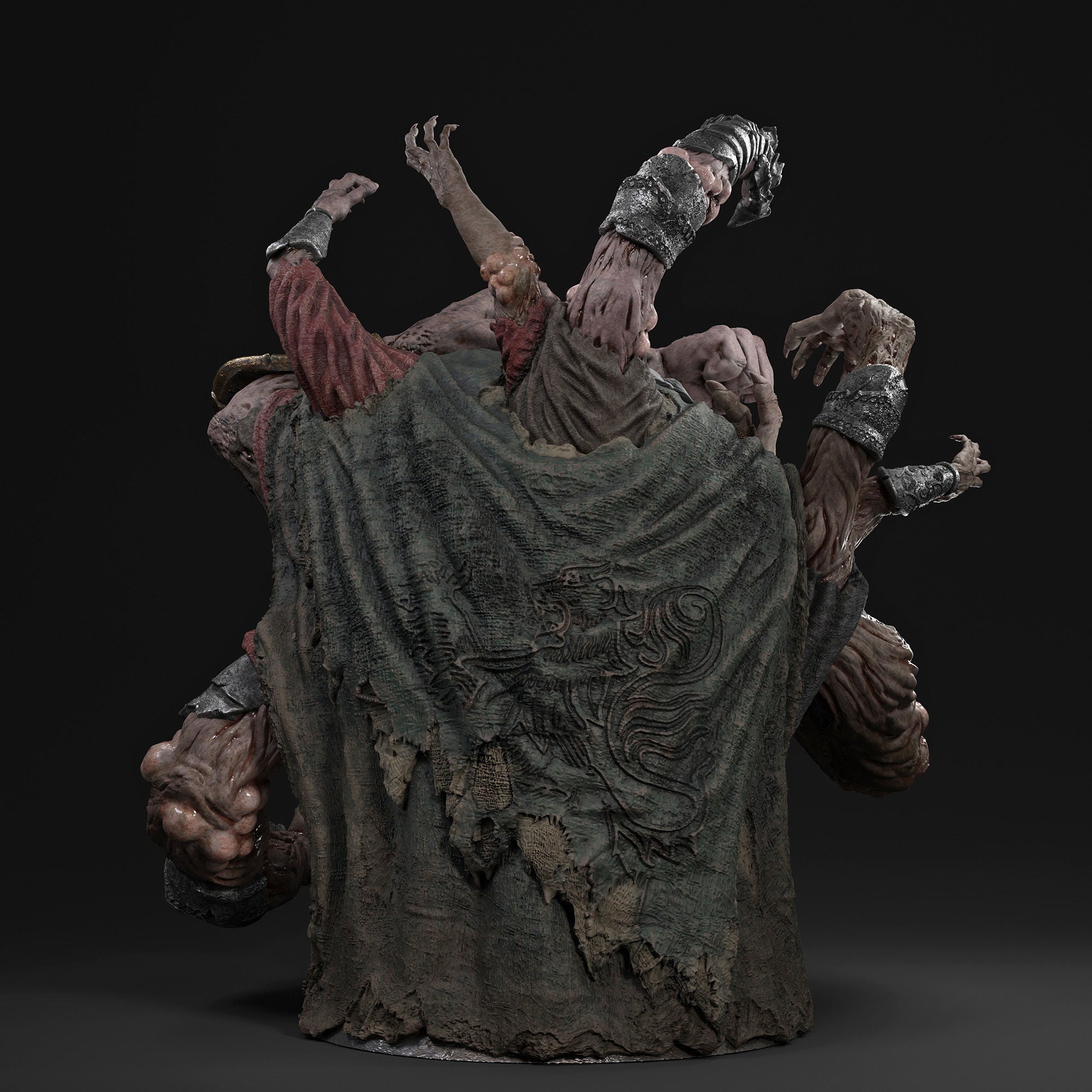 A dark, horror-themed sculpture or collectible figure showing multiple grotesque, decaying limbs and faces emerging from a tattered gray-green drapery fabric, photographed against a solid black studio background.