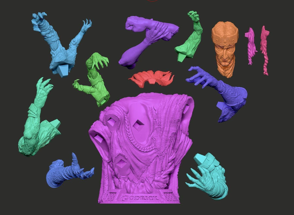 A 3D-printed articulated horror prop set featuring a central purple skull-like head with multiple colorful interchangeable arms and hands in blue, green, purple, orange, and pink, displayed on a dark gray background.