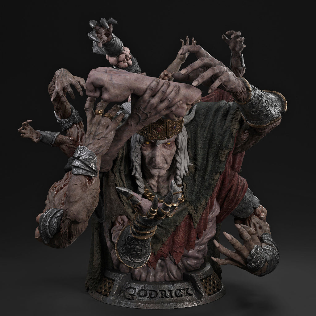 A detailed fantasy bust sculpture of the character Godrick, featuring multiple muscular arms, skeletal hands, a tattered dark cloak, and a crown, mounted on a base labeled 'GODRICK'.