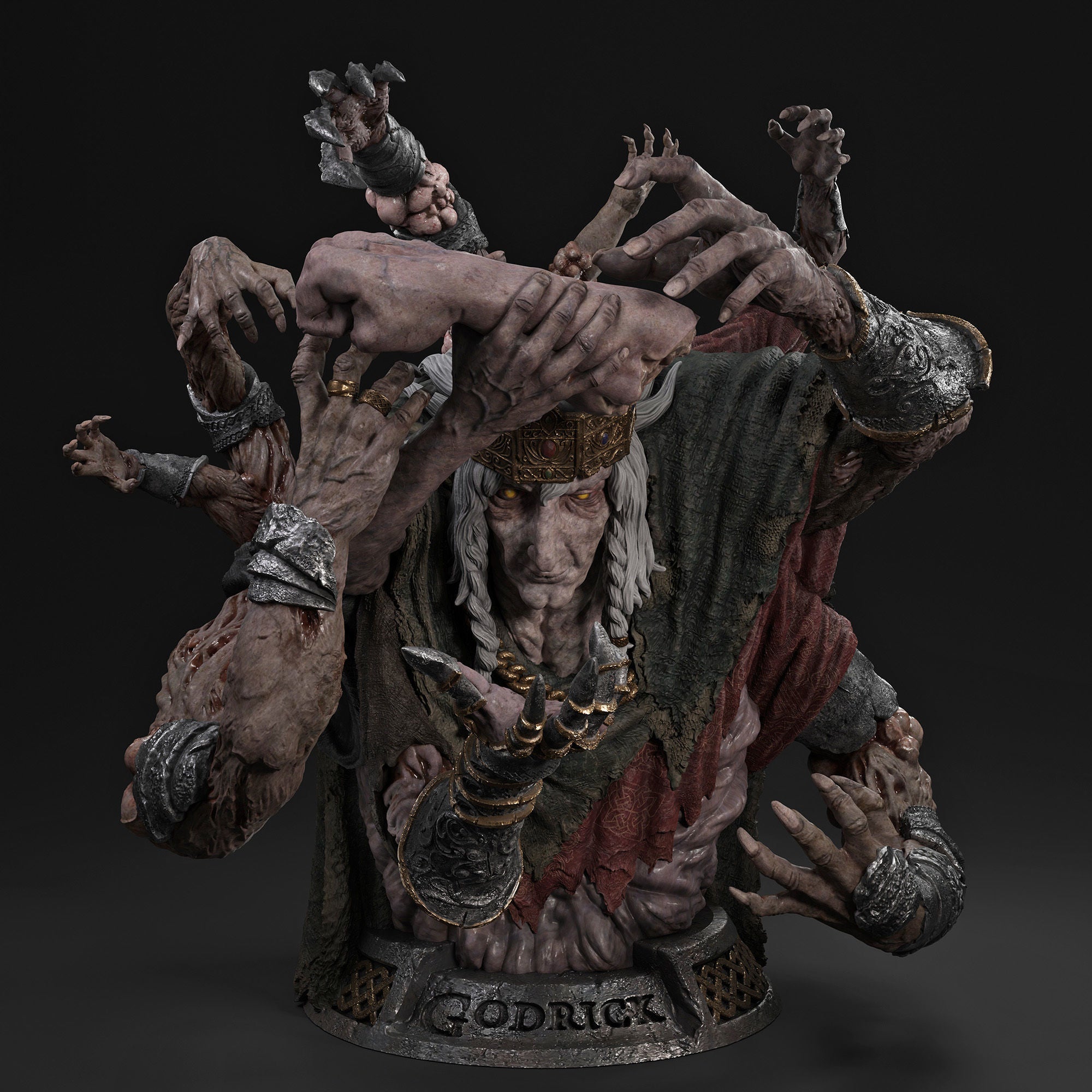 A detailed fantasy bust sculpture of the character Godrick, featuring multiple muscular arms, skeletal hands, a tattered dark cloak, and a crown, mounted on a base labeled 'GODRICK'.
