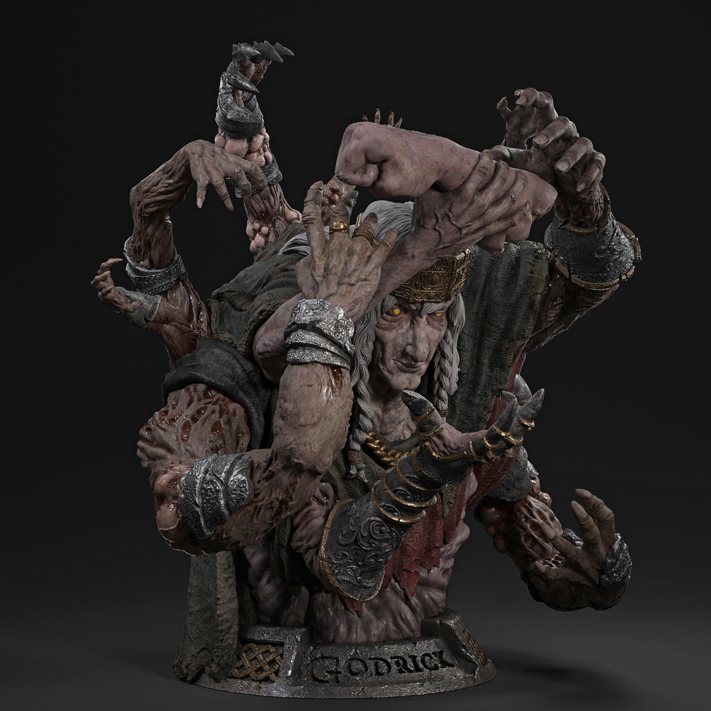 A highly detailed fantasy figurine of the Godlike character Godric, featuring multiple muscular arms, clawed hands, and a dark, textured robe, set against a dark studio background.