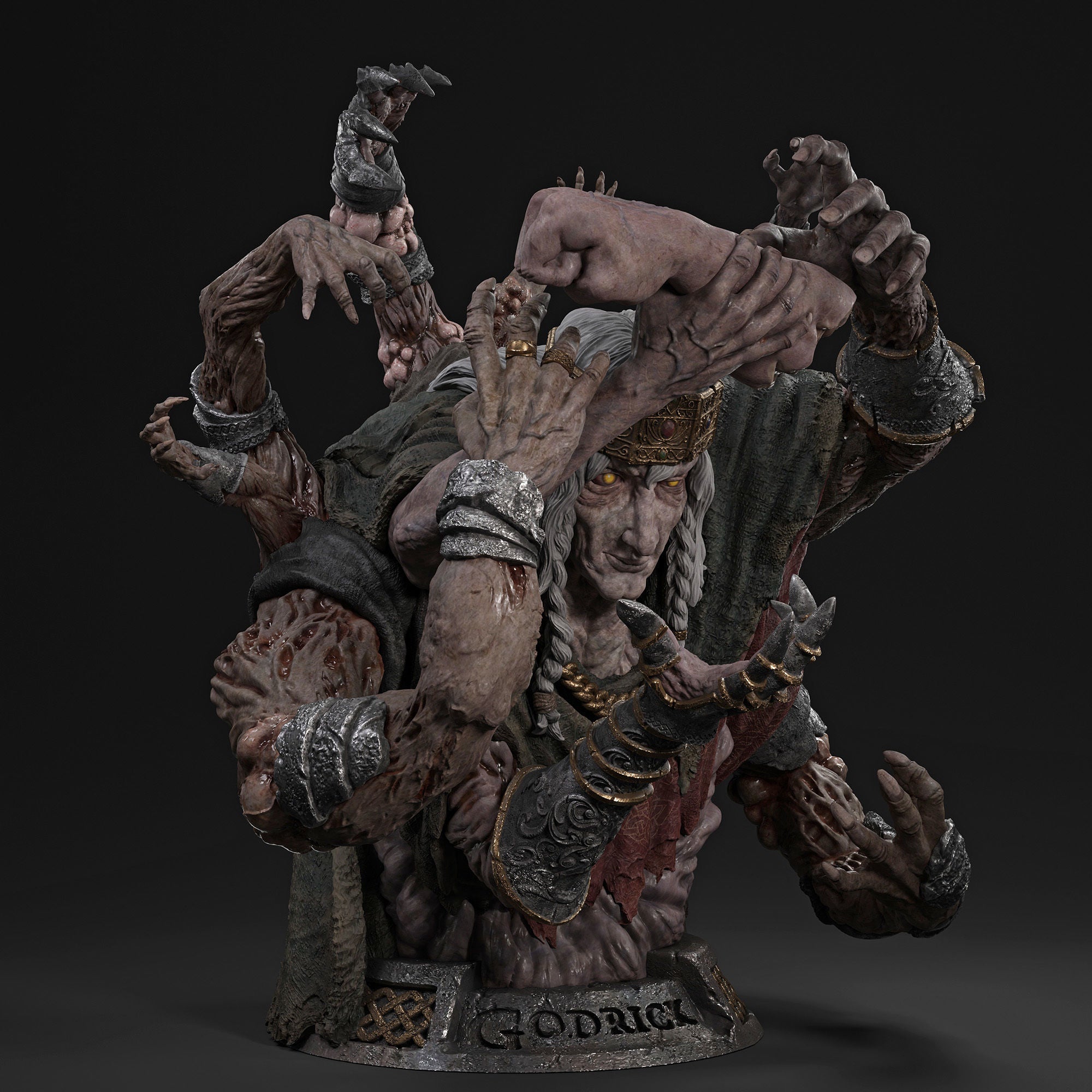 A highly detailed fantasy figurine of the Godlike character Godric, featuring multiple muscular arms, clawed hands, and a dark, textured robe, set against a dark studio background.