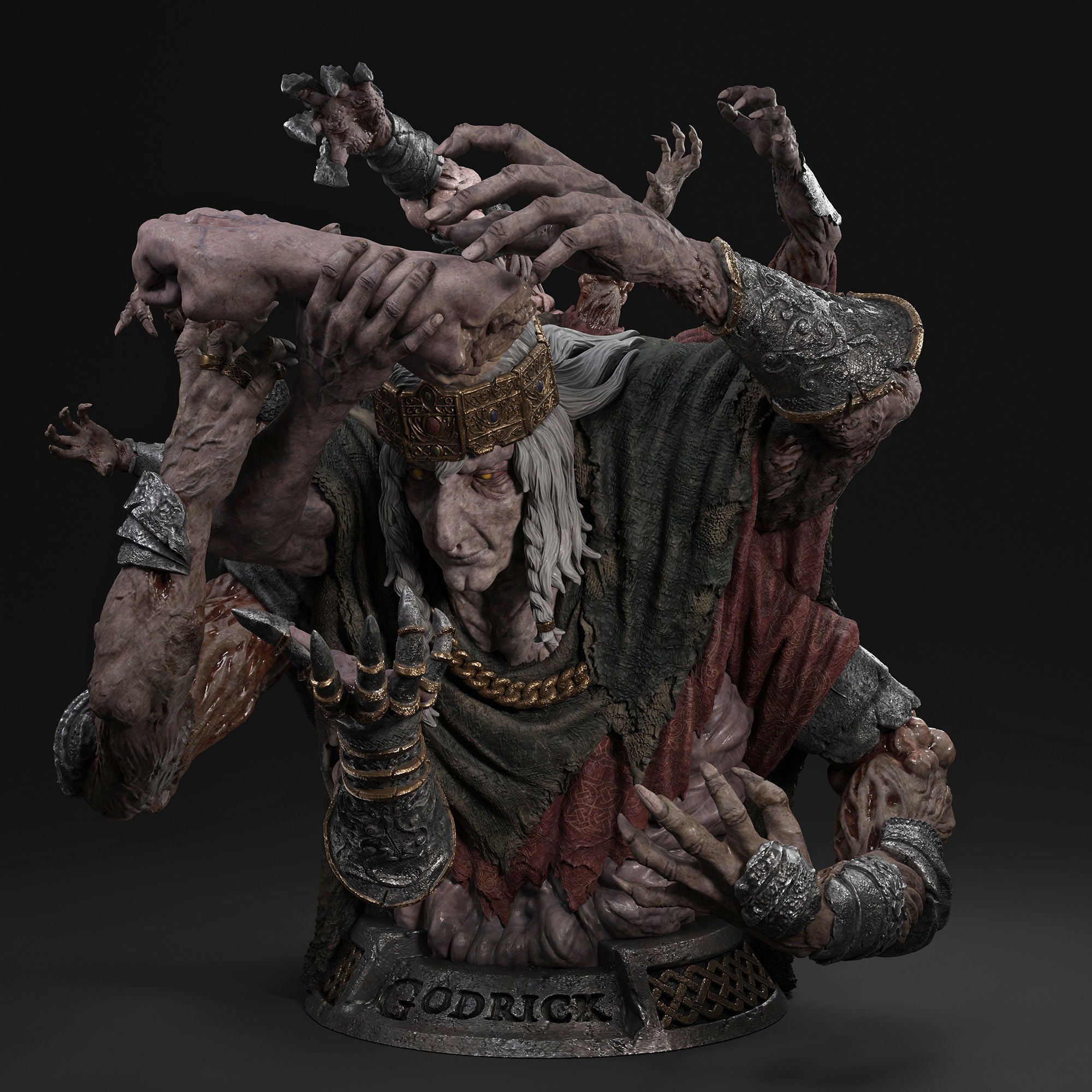 A detailed fantasy bust sculpture of the character Godric, featuring multiple grotesque, multi-armed hands reaching toward the face, set against a dark studio background.