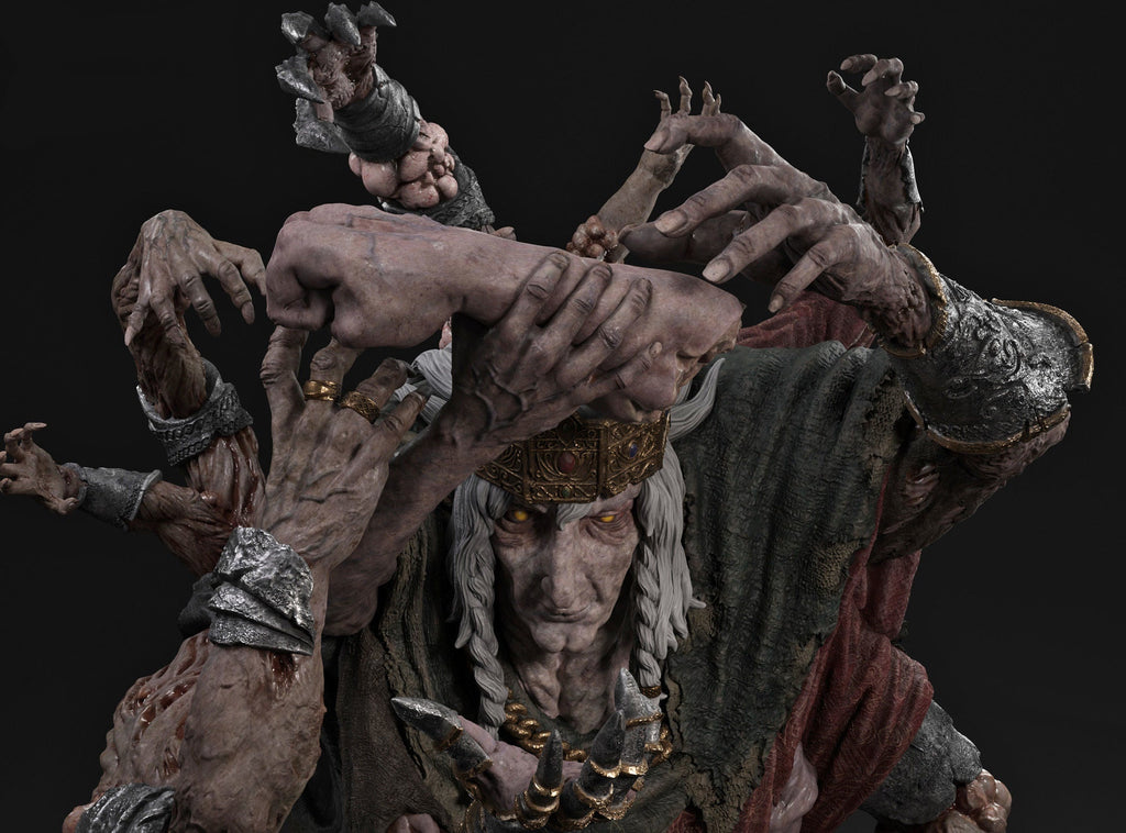 A highly detailed collectible figurine of a multi-armed zombie king from Dark Souls, shown against a solid black background. The figure features multiple decaying arms with bony fingers, a weathered face with hollow yellow eyes, and a tattered dark green and red cloak.