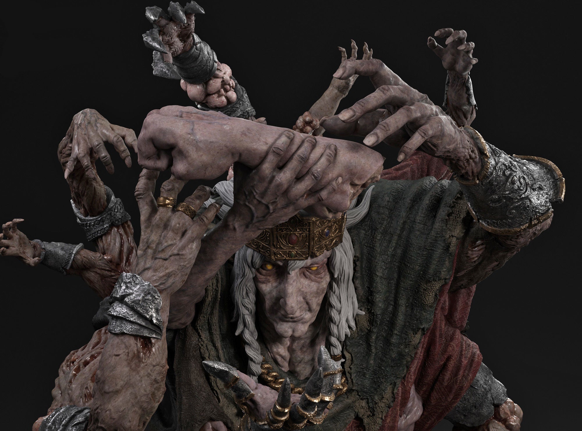 A highly detailed collectible figurine of a multi-armed zombie king from Dark Souls, shown against a solid black background. The figure features multiple decaying arms with bony fingers, a weathered face with hollow yellow eyes, and a tattered dark green and red cloak.