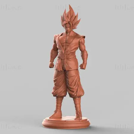 Statue of a character in a red and brown outfit on a gray background