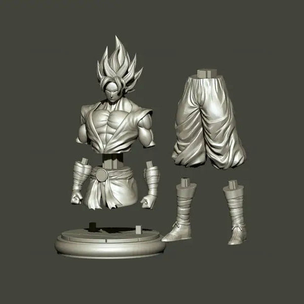 Gray 3D printed figure of a character with detailed armor and accessories on a dark gray background