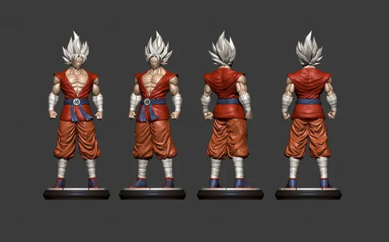 Four views of a character in a red and blue outfit on a dark background