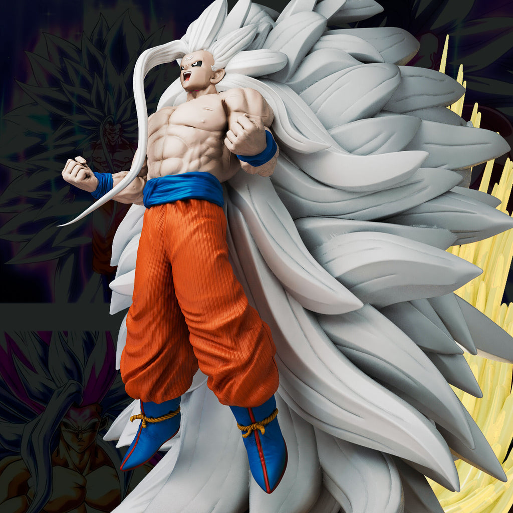 Super Saiyan God Super Saiyan Goku figure with white hair and blue outfit against a dark background