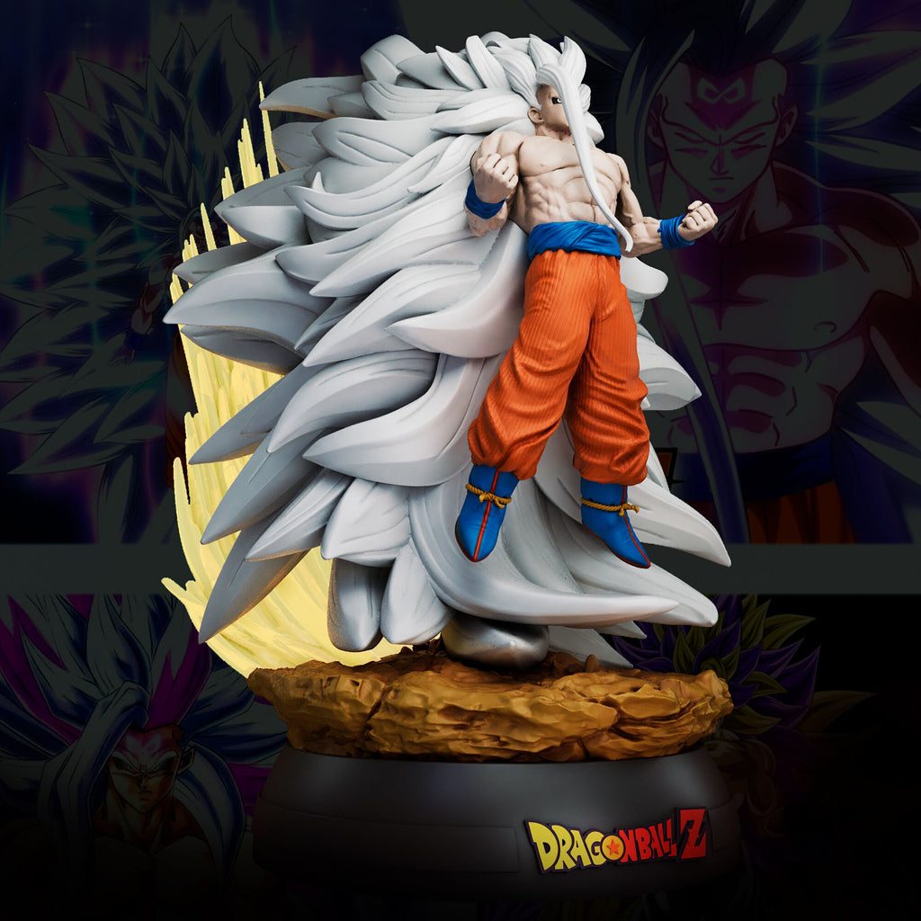 Statue of a character from Dragon Ball Z with white hair and orange pants on a dark background.