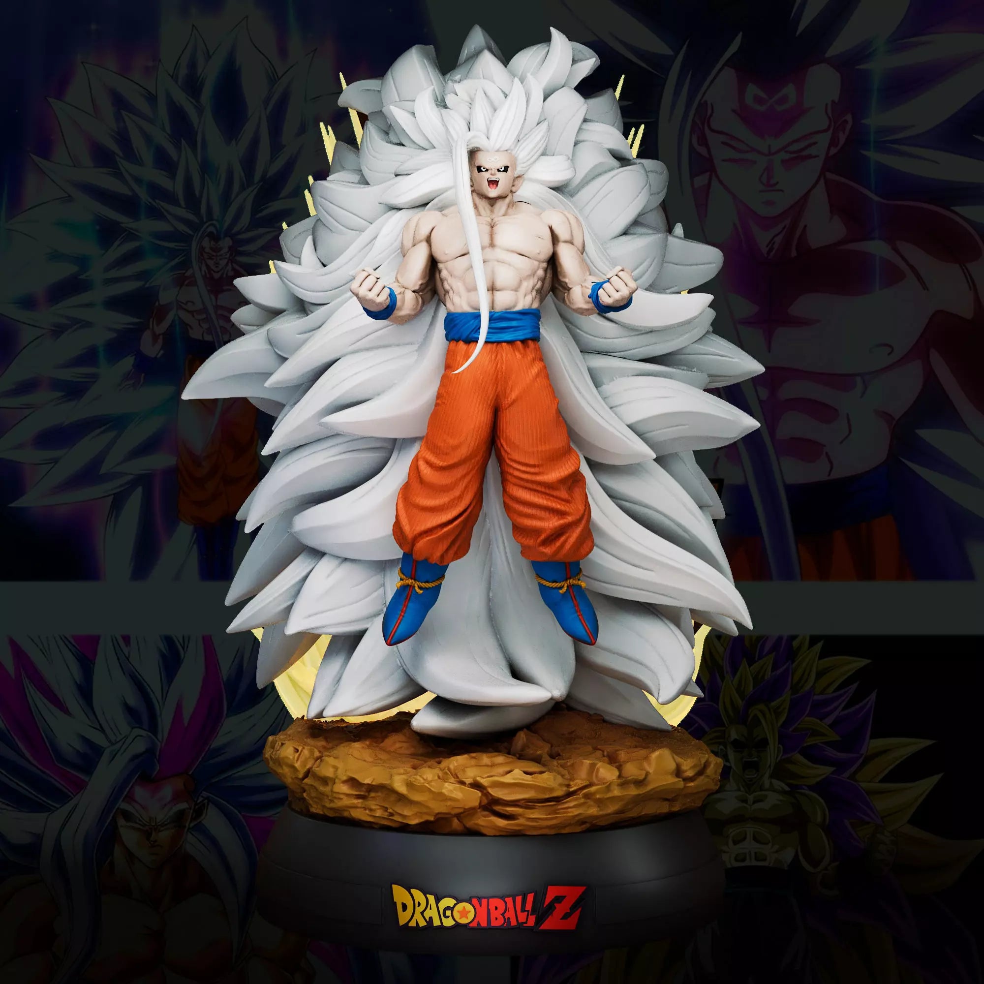 Statue of a character from Dragon Ball Z with a large white hairdo on a dark background.