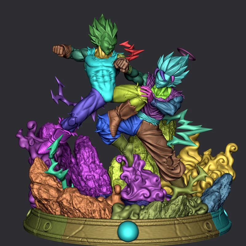 A highly detailed, 3D-rendered collectible figurine of two fighting anime characters on a stylized rocky base with colorful decorative elements, shown against a dark gray background.