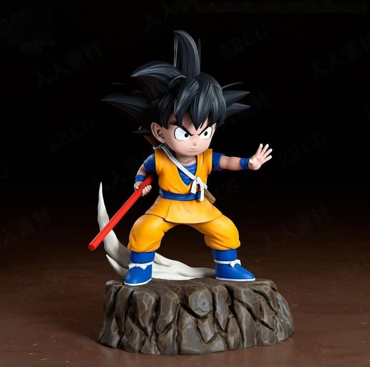 Action figure of a character in an orange and blue outfit with a red weapon on a dark background