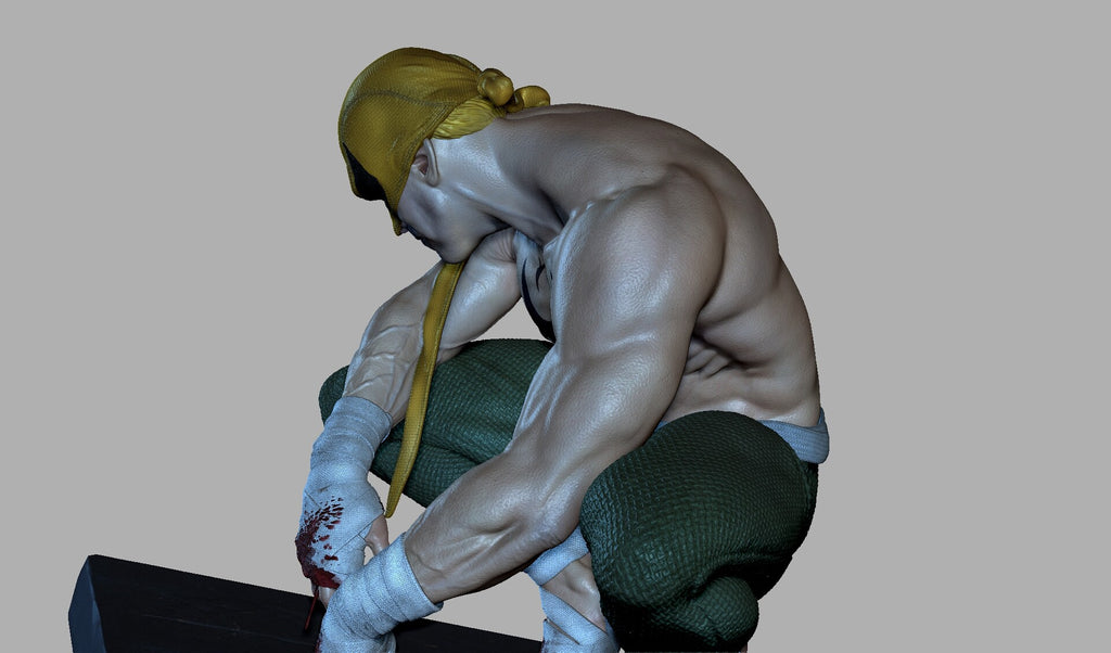 Muscular figure with a yellow headband and green shorts sitting on a black object, holding a yellow tool.