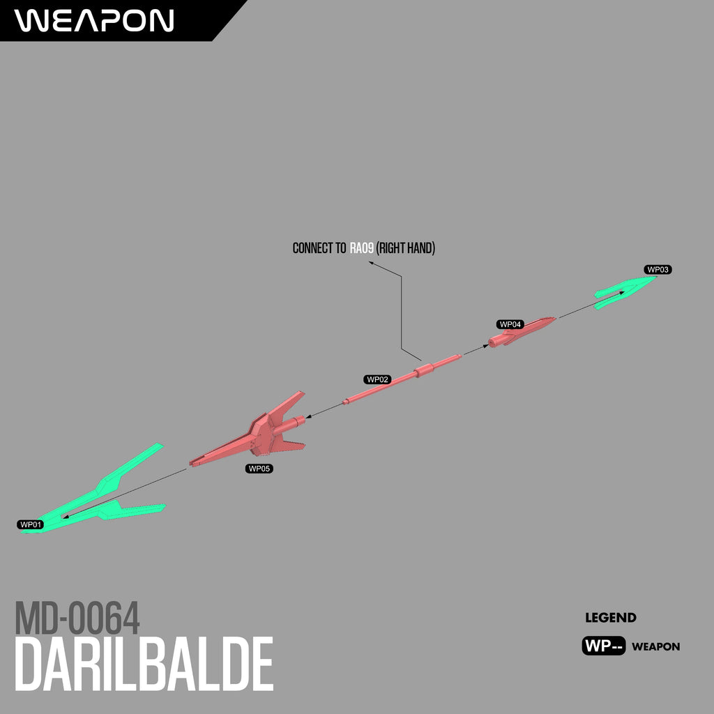 Diagram of a weapon labeled 'Weapon' with red and green components on a gray background.