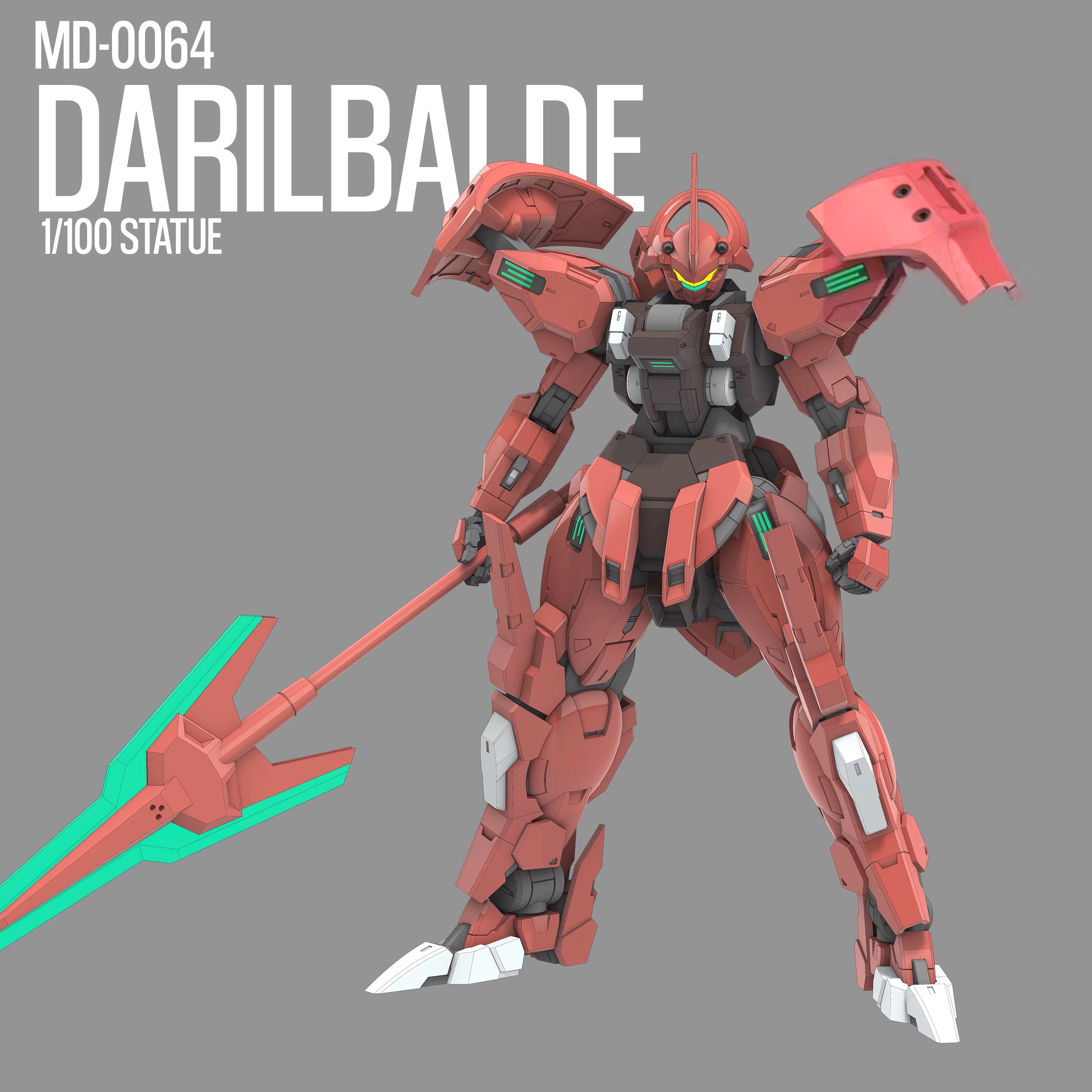 Red robot figure with green accents on a gray background