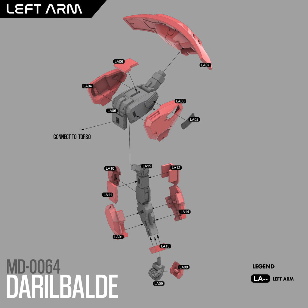 Diagram of a robot left arm assembly with labeled parts on a gray background