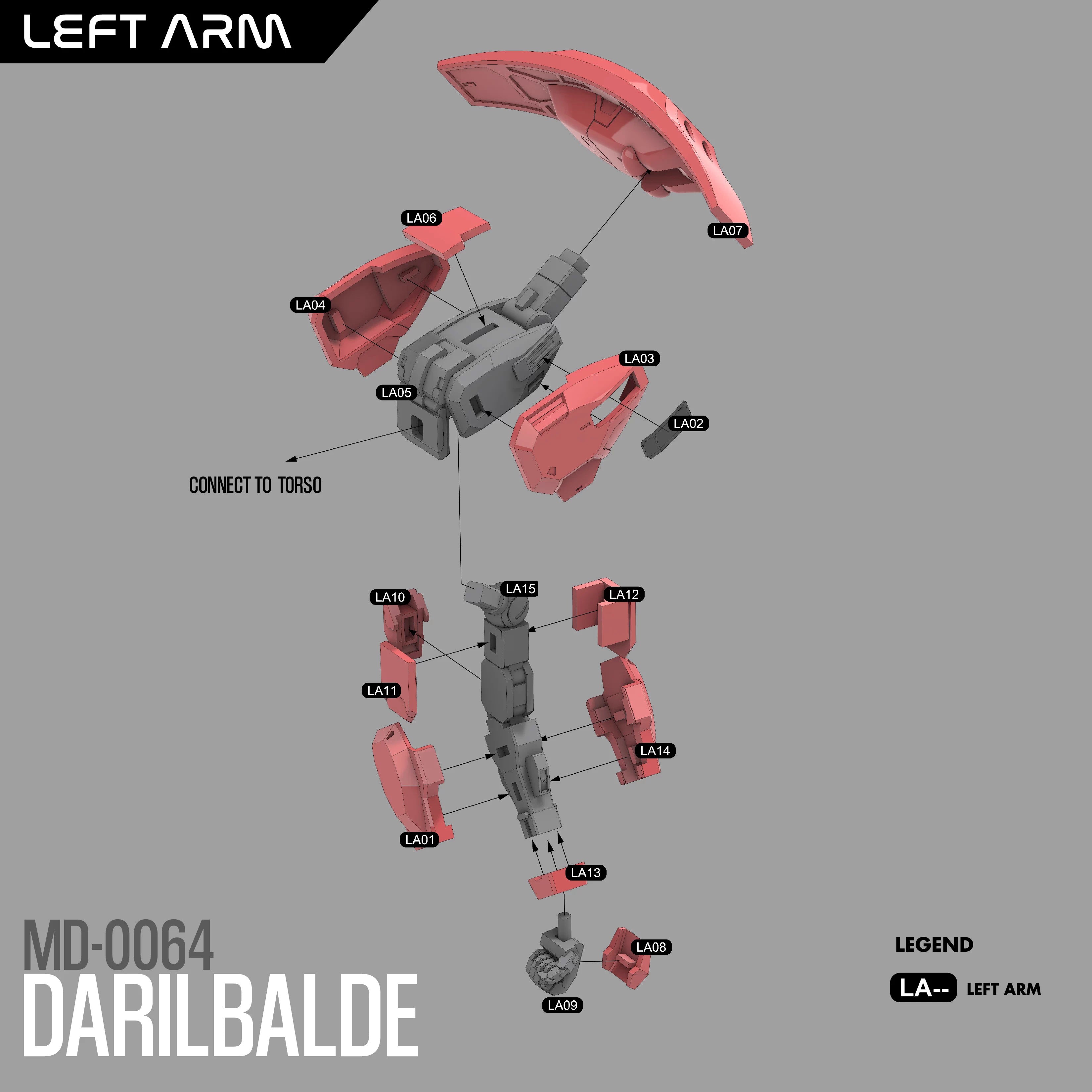 Diagram of a robot left arm assembly with labeled parts on a gray background