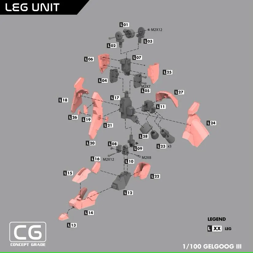 Diagram of a leg unit for a model kit with labeled parts on a gray background