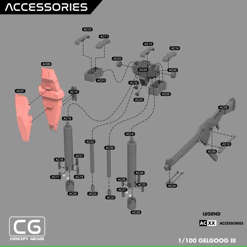 Diagram of accessories for a model kit with labeled parts on a gray background