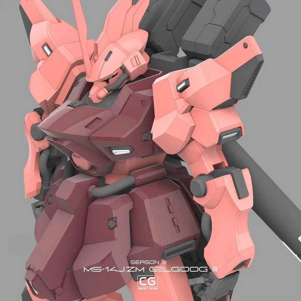 Model kit of a robot with pink and black color scheme on a gray background