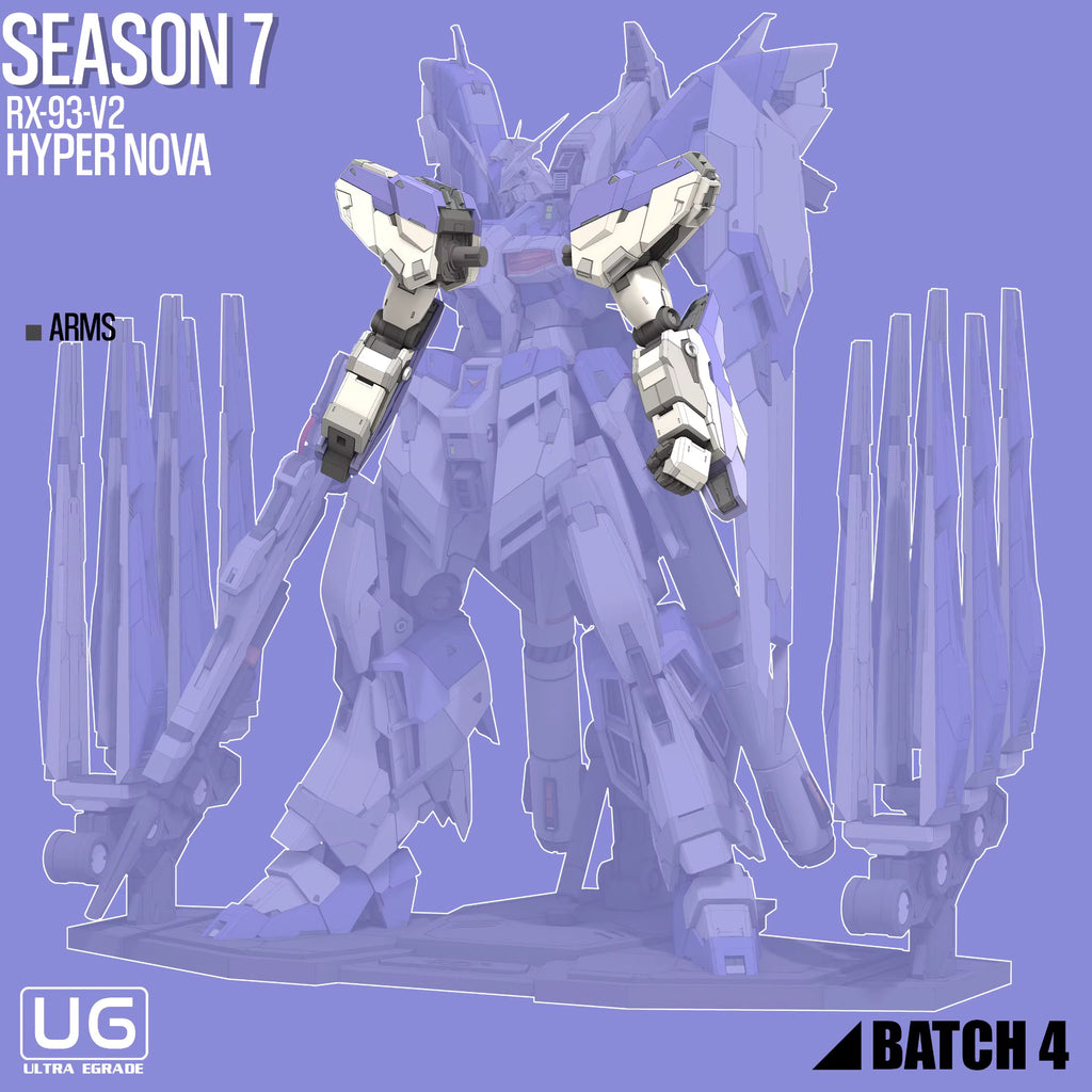 Model kit of a robot with detailed arms on a blue background, featuring Ultra Grade branding.