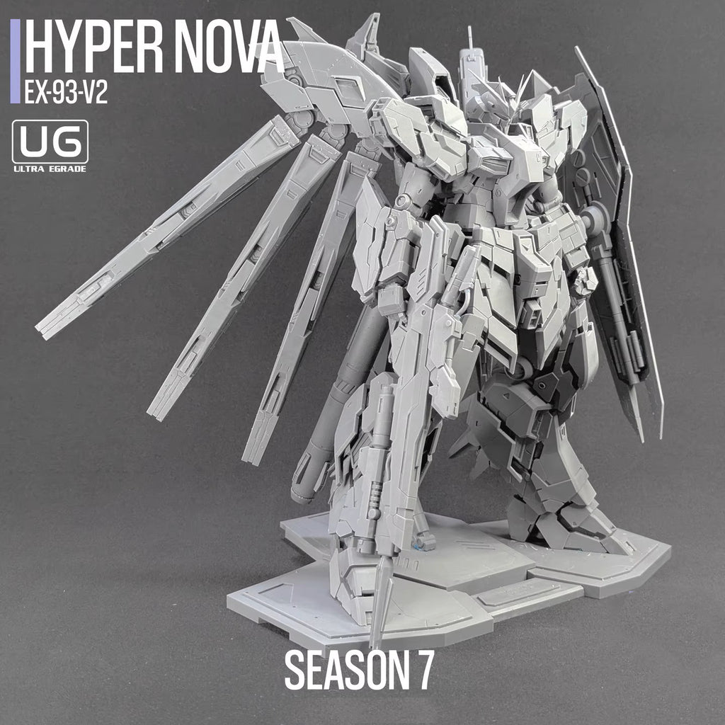 Model kit of a robot with 'Hyper Nova' branding on a gray background