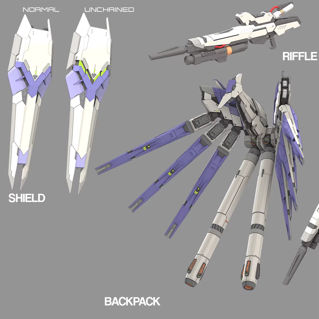 Mechanical suit with various attachments labeled 'Shield', 'Backpack', and 'Rifle' on a gray background.